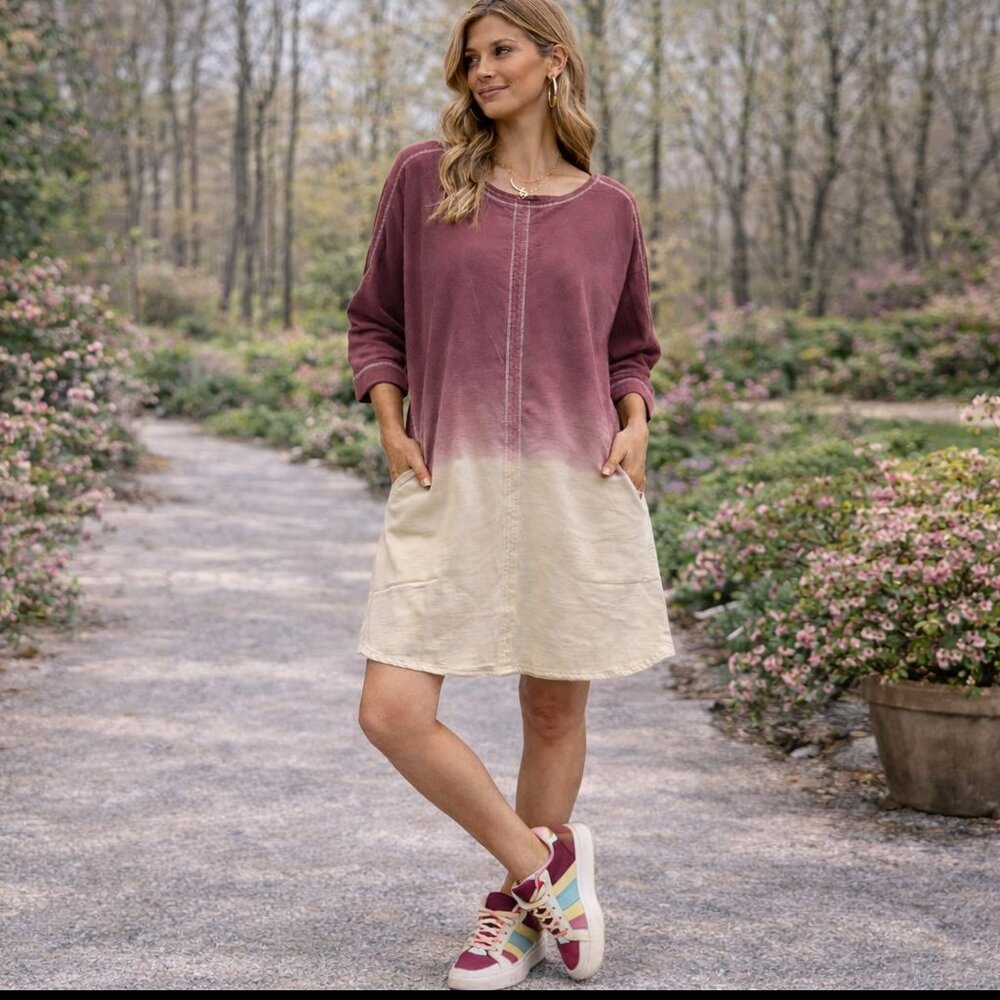 NEW Umgee Sweatshirt Dress 3/4 Sleeve Casual Pocket Dress Small  Dip Dye